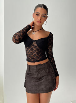   front view of model wearing Princess Polly Domenic Faux Leather Mini Skirt Washed Black Tall Mini Skirts 