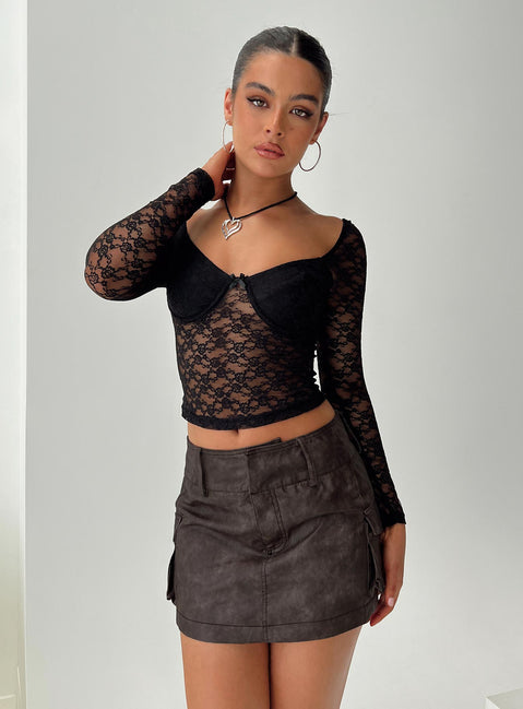   front view of model wearing Princess Polly Domenic Faux Leather Mini Skirt Washed Black Tall Mini Skirts 