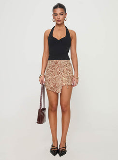   side view of model wearing Princess Polly Gossamer Mini Wrap Skirt Brown Zebra Mini Skirts 
