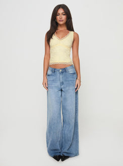 front view of model wearing Princess Polly Far Away Top Yellow Sleeveless Plunger 