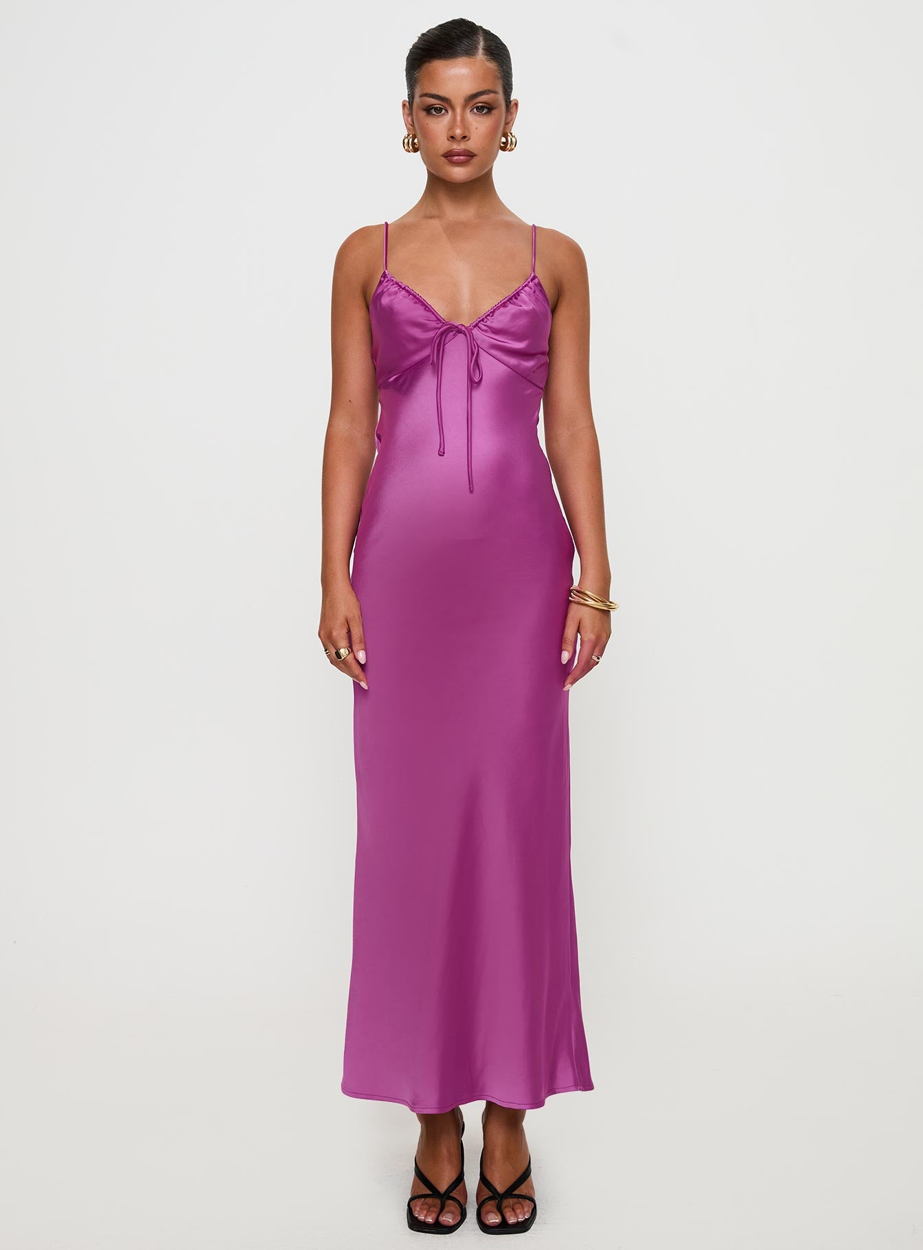 front view of model wearing Princess Polly Maguire Maxi Dress Purple Plunger 