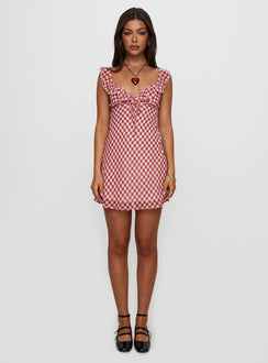 side view of model wearing Princess Polly Marseilla Mini Dress Red Check V-Neck 