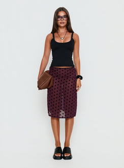  side view of model wearing Princess Polly Evani Sheer Chiffon Midi Skirt Polka Maroon Midi Skirts 
