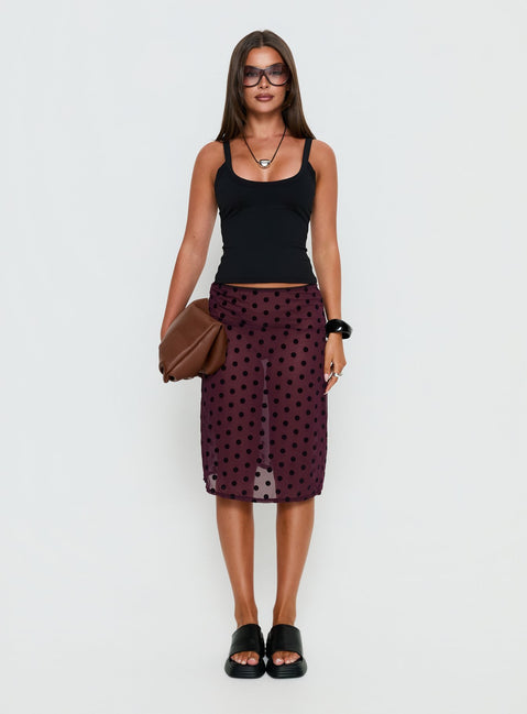   side view of model wearing Princess Polly Evani Sheer Chiffon Midi Skirt Polka Maroon Midi Skirts 