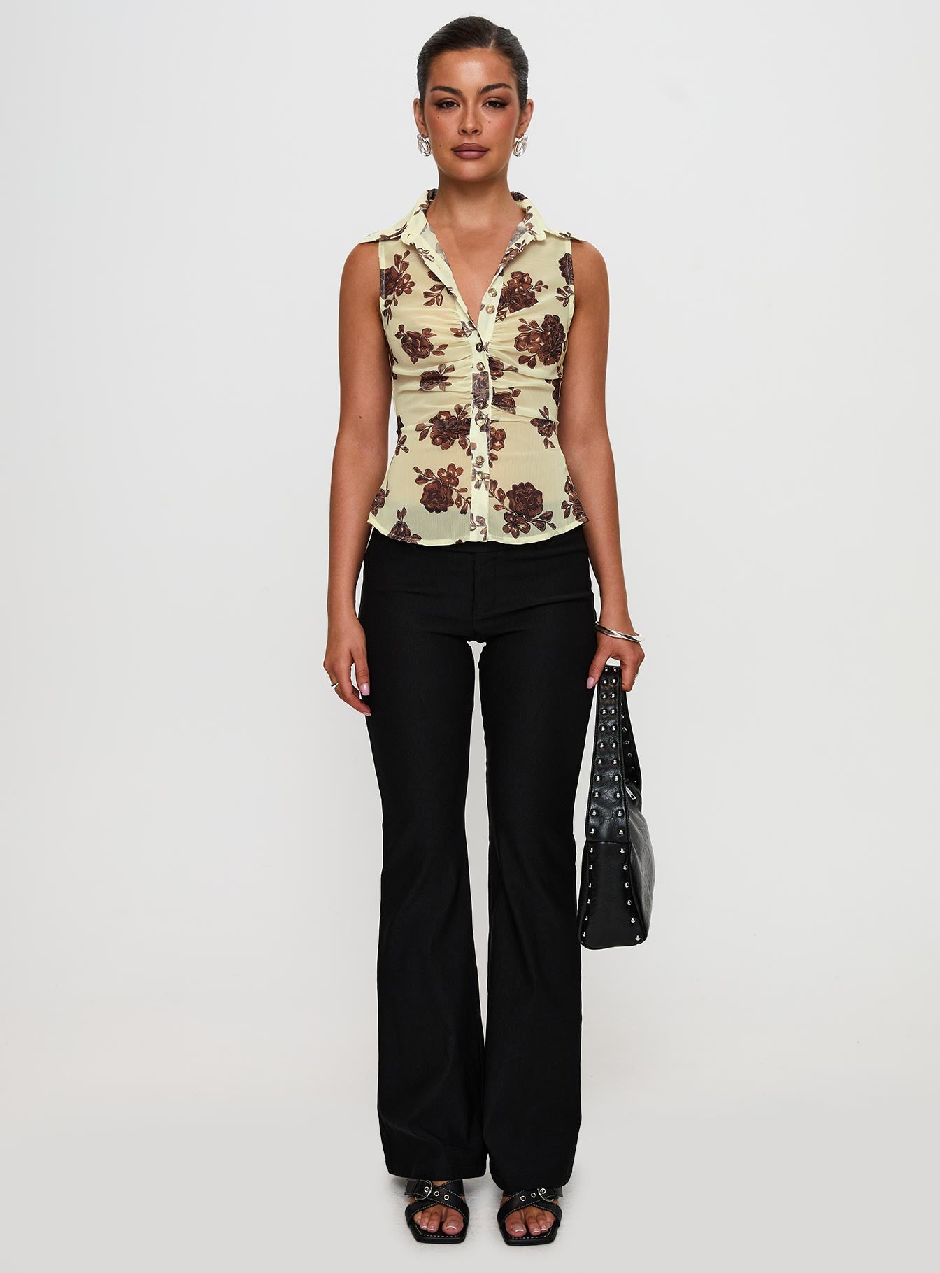 front view of model wearing Princess Polly Present Tense Sheer Ruched Top Yellow Floral Sleeveless V-Neck 