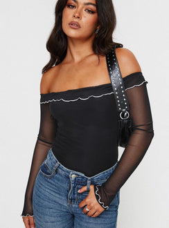 front view of model wearing Princess Polly Arsema Off The Shoulder Bodysuit Black Full Sleeves 