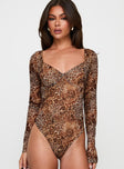 front view of model wearing Princess Polly Elixia Long Sleeve Bodysuit Leopard Full Sleeves 