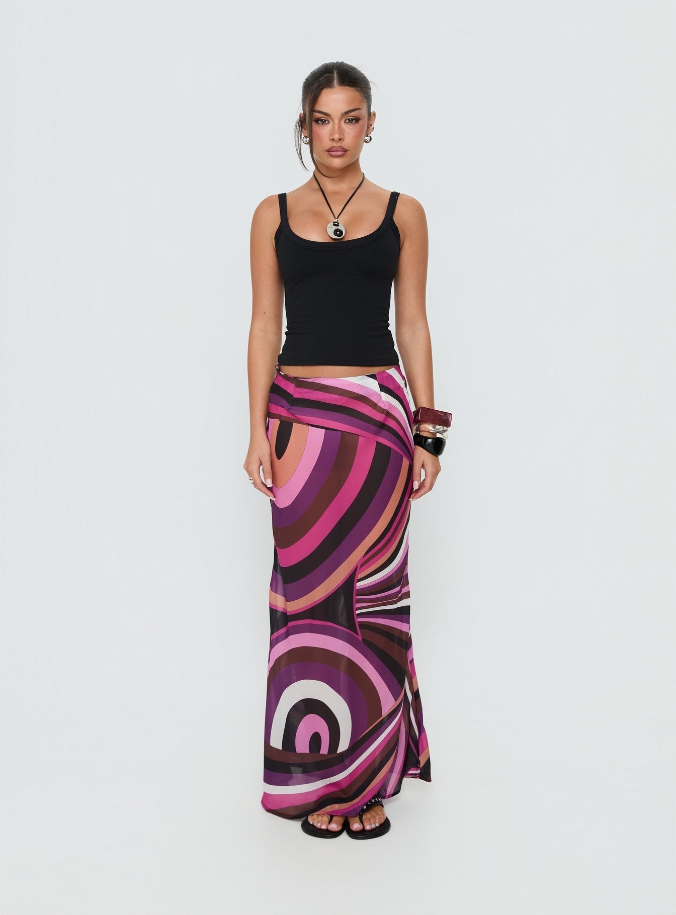 Discover the Lucidia Maxi Skirt Pink Retro in womens-skirts with maxi length front view of model wearing Princess Polly