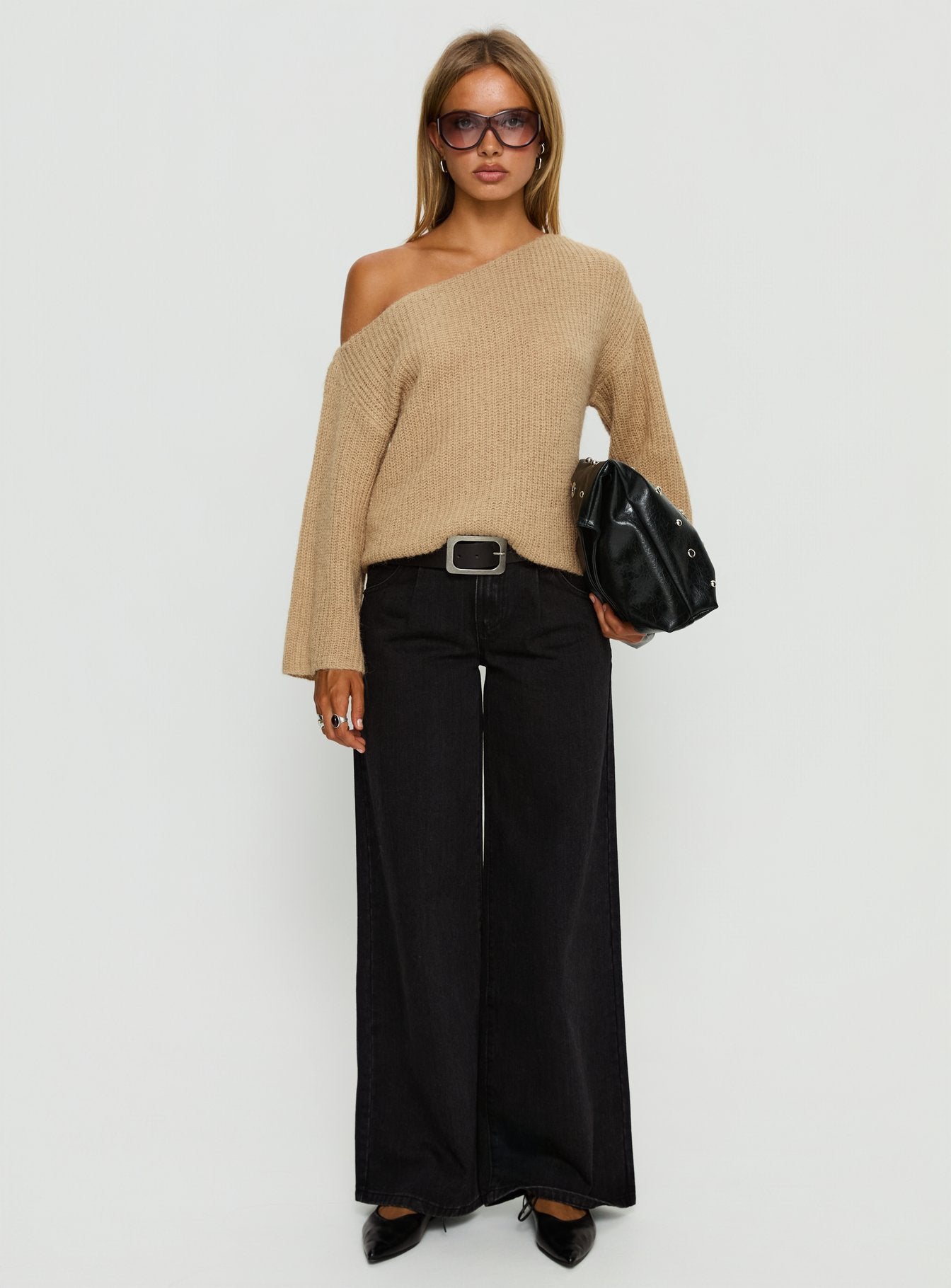 side view of model wearing Princess Polly Delyn Off Shoulder Slouchy Knit Sweater Camel Cropped Jumpers 