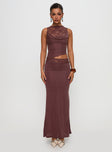 front view of model wearing Princess Polly Vesperine Lace Maxi Dress Cocoa Brown High Neck 