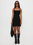 front view of model wearing Princess Polly Baseline Rib Mini Dress Black Square Neck 