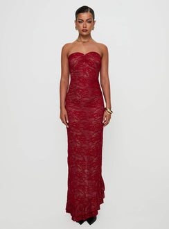 side view of model wearing Princess Polly Hailees Lace Strapless Maxi Dress Red Sweetheart Neckline 