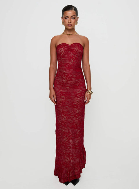 side view of model wearing Princess Polly Hailees Lace Strapless Maxi Dress Red Sweetheart Neckline 
