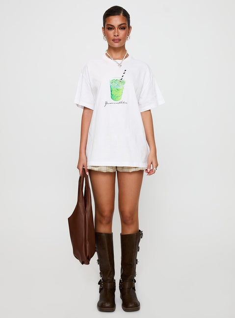 side view of model wearing Princess Polly Love You So Matcha Graphic Top White Half Sleeves Crew Neck 