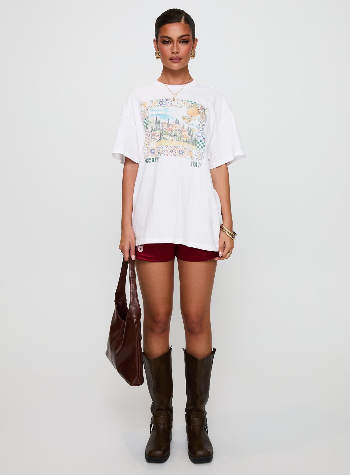 side view of model wearing Princess Polly Love From Tuscany Oversized Graphic Top White Half Sleeves Crew Neck 
