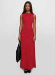 side view of model wearing Princess Polly Lewisa Maxi Dress Red Boat Neck 