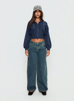 front view of model wearing Princess Polly Shanna Relaxed Low Rise Jeans Acid Raw Wash Mid Rise Jeans 
