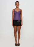 front view of model wearing Princess Polly Clovah Halter Top Purple Sleeveless Sweetheart 