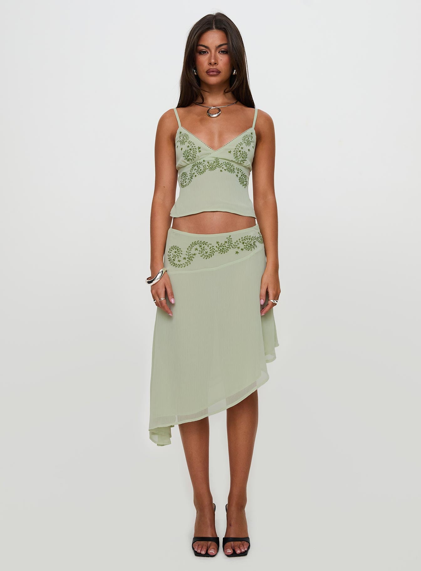 Pappilion Asymmetrical Midi Skirt Sage | Princess Polly