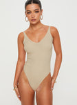 front view of model wearing Princess Polly Keenan Bodysuit Beige Sleeveless V-Neck 