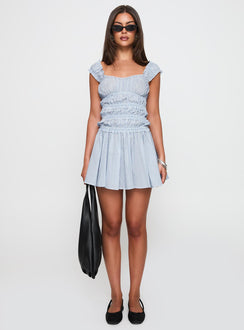 back view of model wearing Princess Polly Wonderlust Shirred Mini Dress Blue Stripe Square Neck 