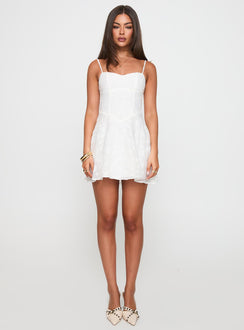front view of model wearing Princess Polly New Chapters Broderie Mini Dress White Sweetheart Neckline 