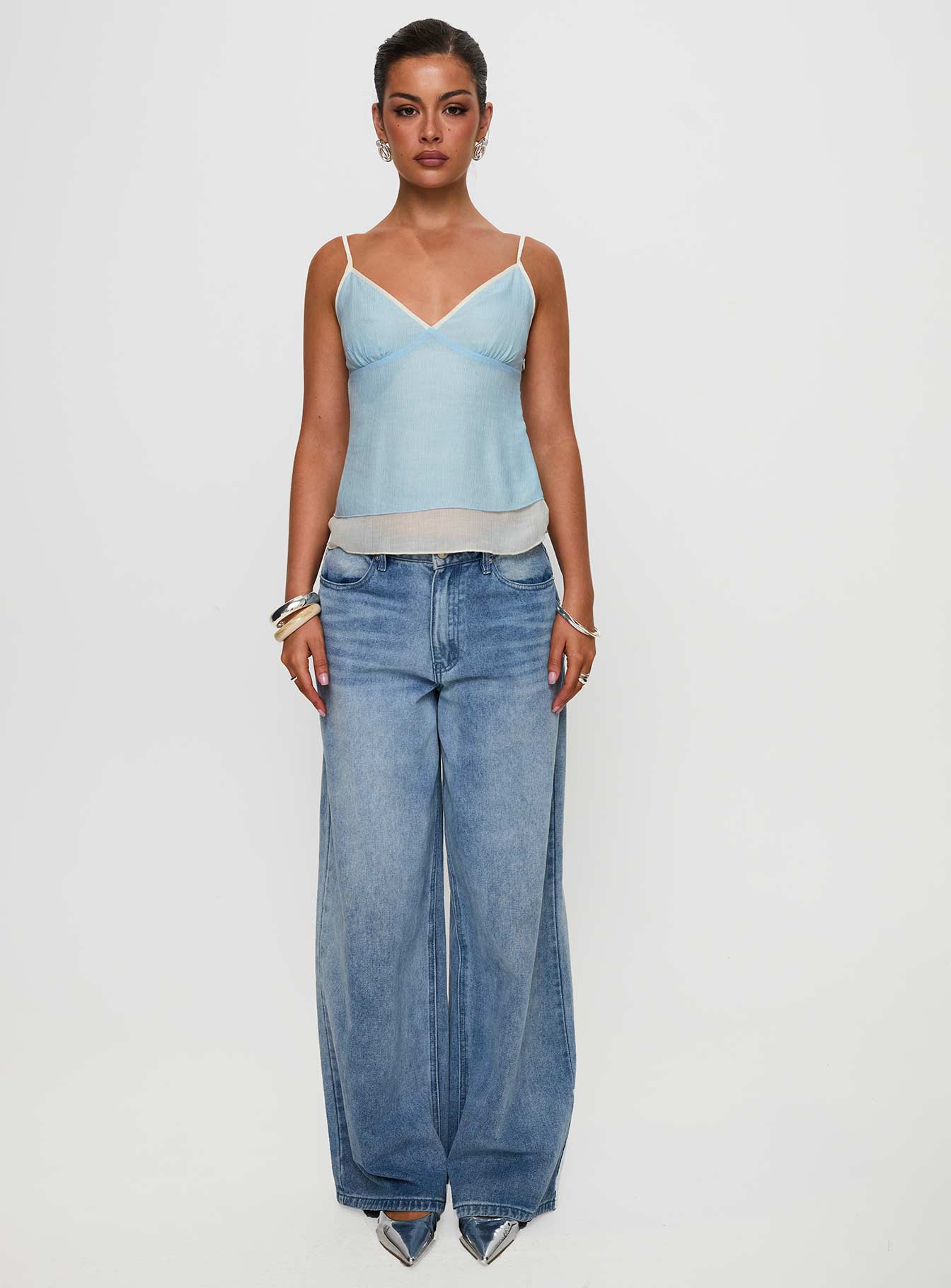 front view of model wearing Princess Polly Majorie Layered Top Blue / Cream Sleeveless V-Neck 