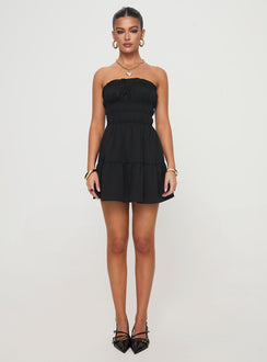 front view of model wearing Princess Polly Joie Strapless Mini Dress Black Straight Neck 