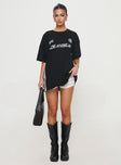 front view of model wearing Princess Polly Goal La Oversized Tee Black Half Sleeves Crew Neck 