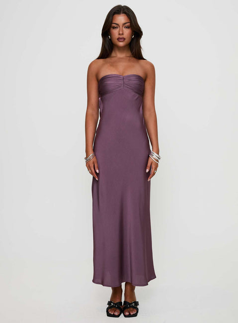 front view of model wearing Princess Polly Maryska Strapless Maxi Dress Purple Sweetheart Neckline 
