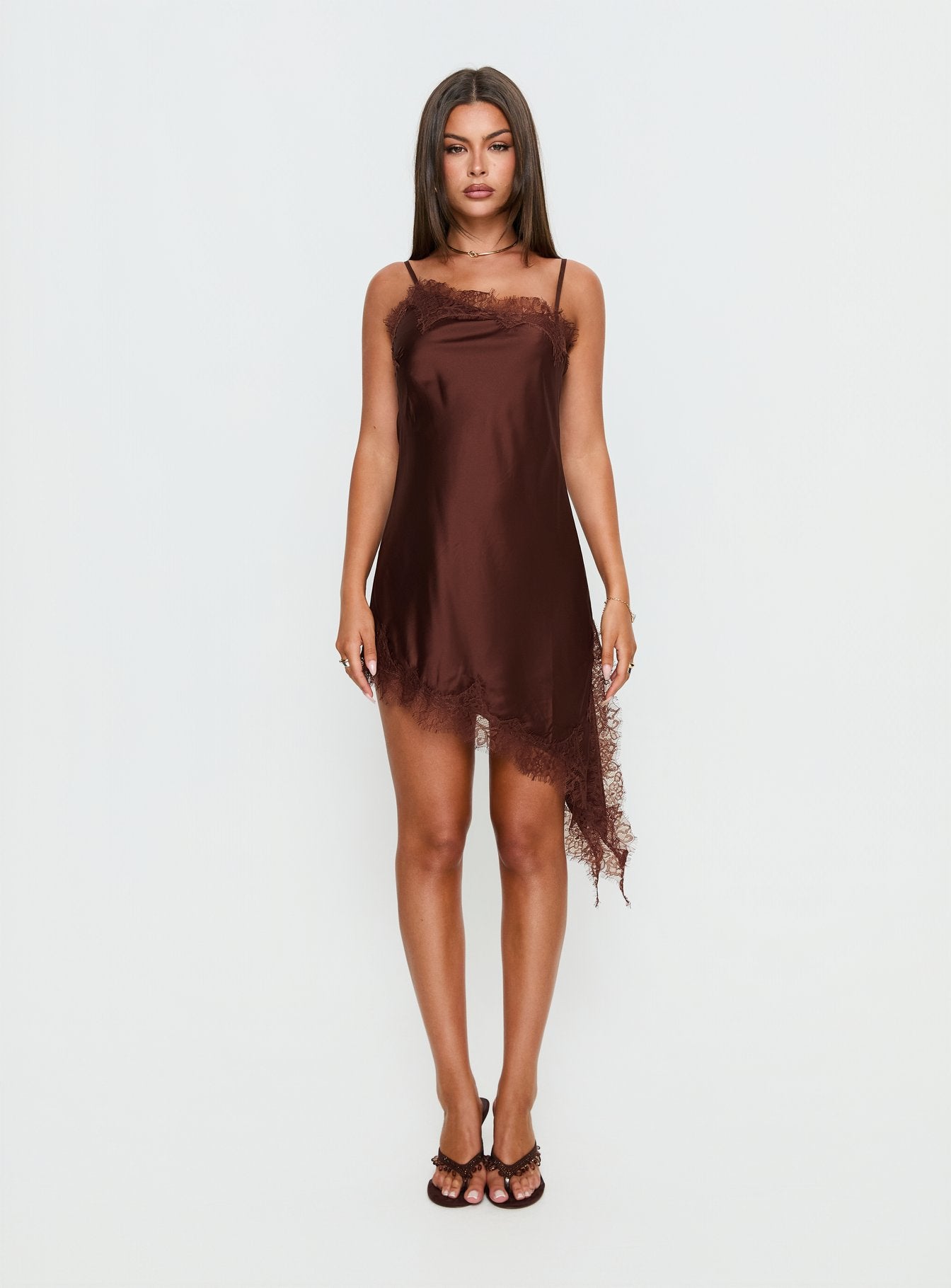 Malakhai Lace Asymmetrical Mini Dress Chocolate
