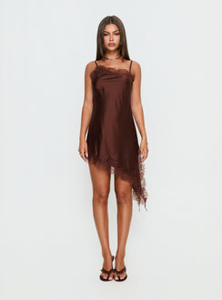 Malakhai Lace Asymmetrical Mini Dress Chocolate