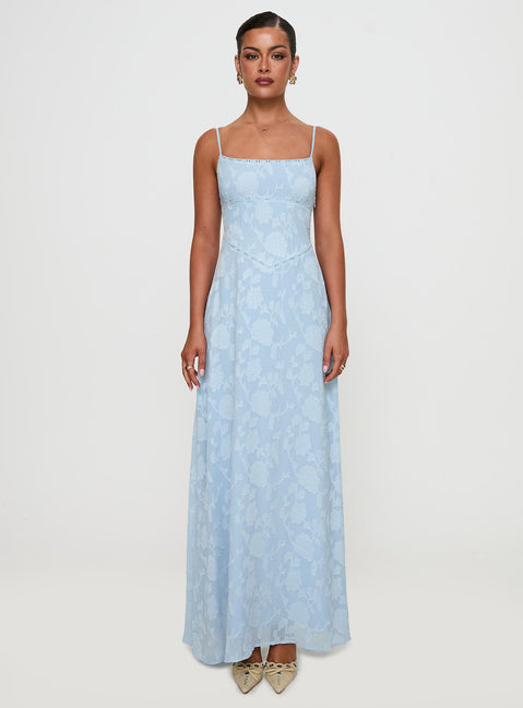 side view of model wearing Princess Polly South Of France Maxi Dress Blue Square Neck 