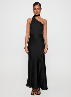 front view of model wearing Princess Polly Elixaire Scarf Maxi Dress Black Asymmetric Neckline 