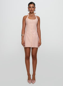 side view of model wearing Princess Polly Mallorie Halter Mini Dress Pink Stripe Scoop Neck 