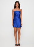 front view of model wearing Princess Polly Phillipa Mini Dress Cobalt Straight Neck 