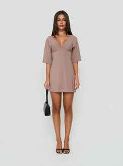 Reyya 3/4 Sleeve V Neck Mini Dress Taupe