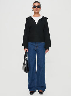 front view of model wearing Princess Polly Bella Notched Neck Sweater Black Cropped 