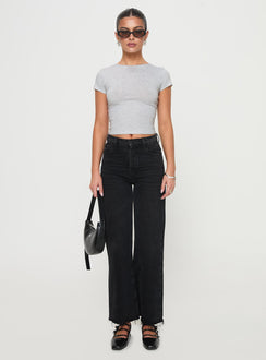 back view of model wearing Princess Polly Fawcett High Rise Straight Leg Jeans Washed Black High Rise Jeans 