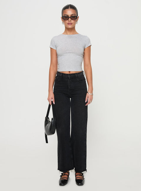 back view of model wearing Princess Polly Fawcett High Rise Straight Leg Jeans Washed Black High Rise Jeans 