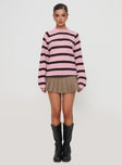 front view of model wearing Princess Polly Jacquette Knit Sweater Pink / Brown Long 