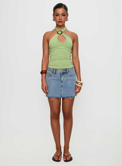 side view of model wearing Princess Polly Quell Top Green Sleeveless High Neck 