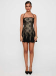 front view of model wearing Princess Polly Delamere Lace Mini Dress Black Straight Neck 