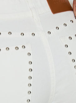 Highlighting the Saving Up Mid Rise Straight Leg Studded Jeans White in womens-jeans with silver stud button and belt closure Princess Polly