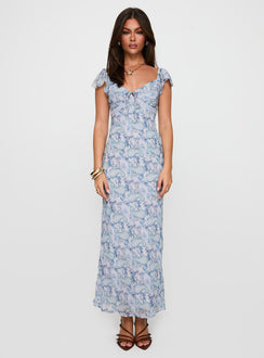 side view of model wearing Princess Polly Dahleia Maxi Dress Blue Paisley V-Neck 
