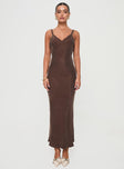 front view of model wearing Princess Polly Laurette Maxi Dress Brown Petite V-Neck 