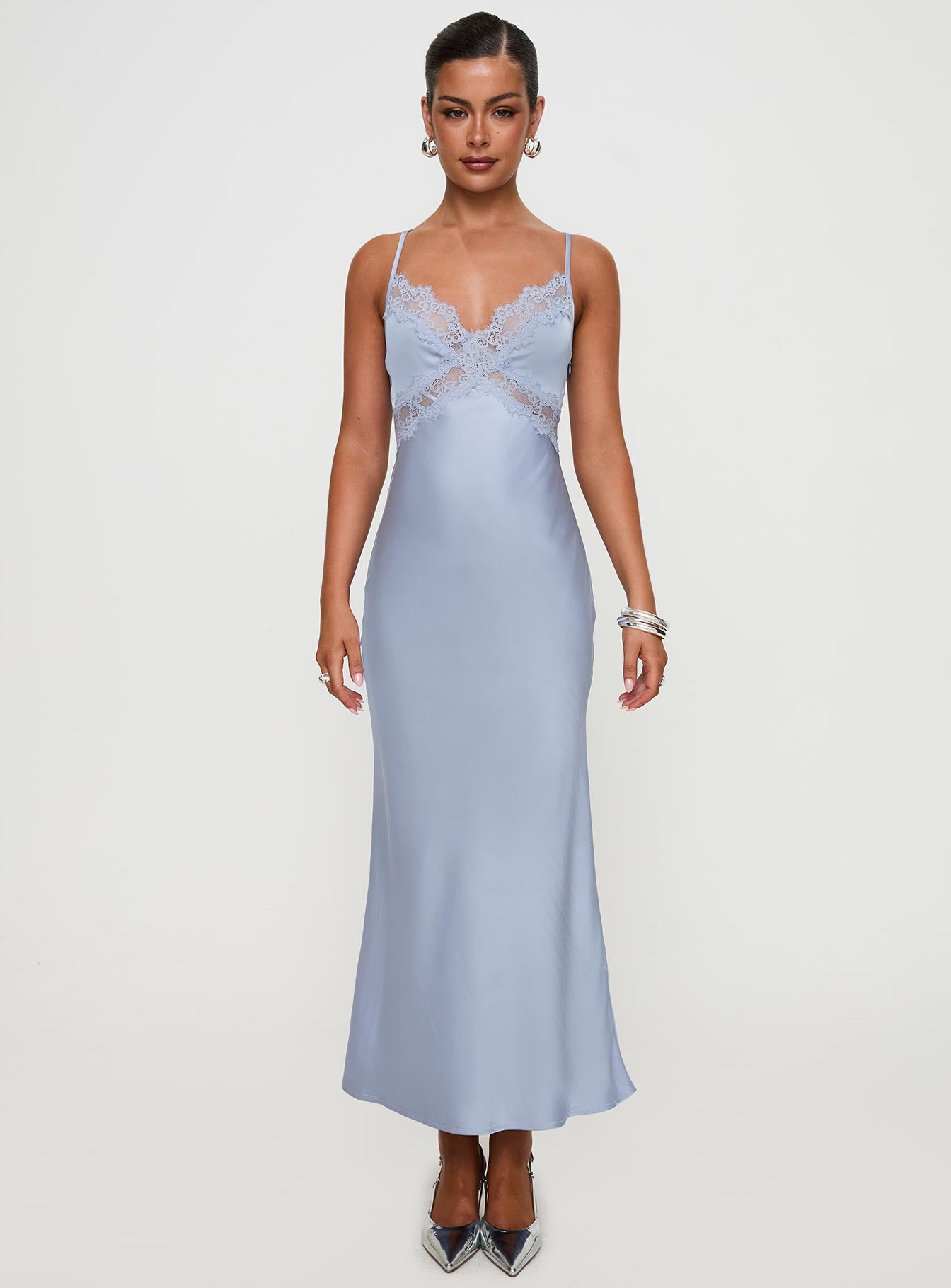 front view of model wearing Princess Polly Treasure Bias Cut Maxi Dress Blue V-Neck 