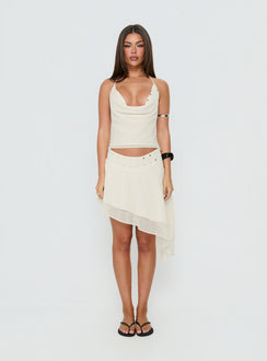 Showcasing the Gemmina Asymmetrical Chiffon Mini Skirt in womens-skirts with mini length front view of model wearing