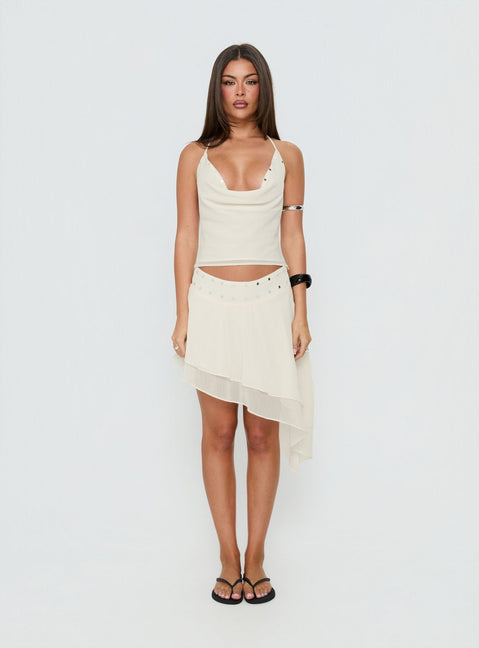 Showcasing the Gemmina Asymmetrical Chiffon Mini Skirt in womens-skirts with mini length front view of model wearing