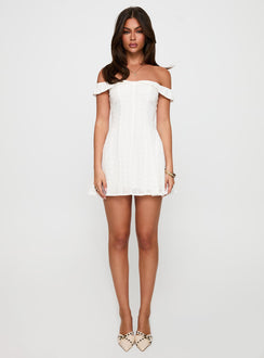 back view of model wearing Princess Polly Rosebud Off The Shoulder Mini Dress White Petite Sweetheart Neckline 